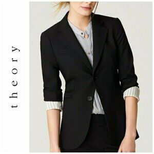 Theory Rowan WOOL Grey blue black micro stripe tailored blazer double breast 6